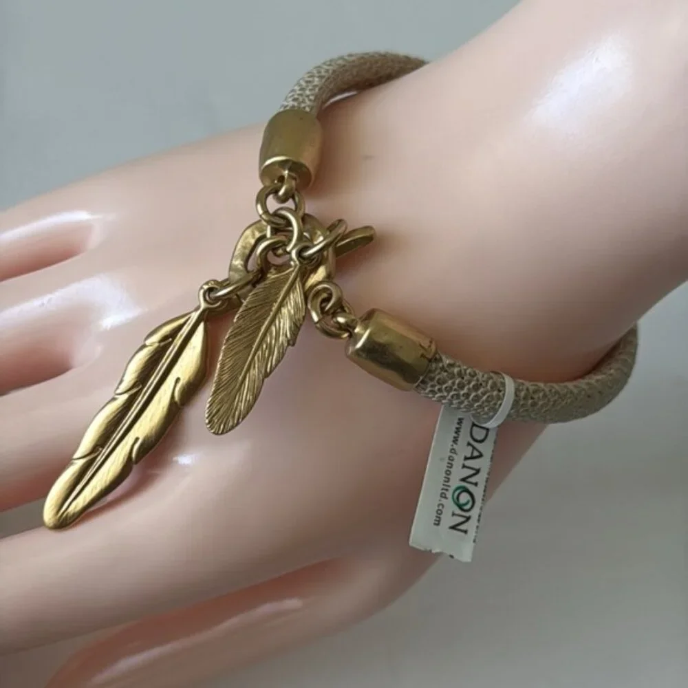 Danon Leather Gold Bracelet with Metal Leaves Gold Color 7